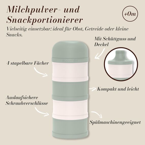 Suavinex, Milchpulver Portionierer & Snackbox: 4 Fächer stapelbar, Pulverdose mit Ausguss, Schraubverschluss, Luftdicht, Spülmaschinenfest, für Baby Babysnacks & Milchnahrung, 0+ Monate, Beige