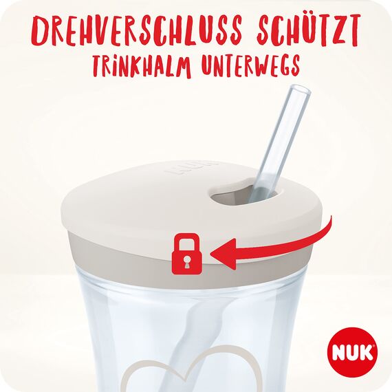 NUK Action Cup Trinkbecher Kinder | 12+ Monate | 230 ml | Drehdeckel mit weichem Strohhalm | auslaufsicher | BPA-frei | gelbe Katze