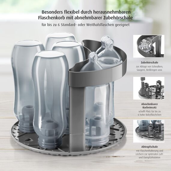 reer Vapomat S Vaporisator | Babyflaschen Dampfsterilisator für bis zu 6 Flaschen, Desinfektion von Babyfläschchen, Schnullern, Beißringen und Zubehör in nur 10 Minuten, ohne Chemikalien