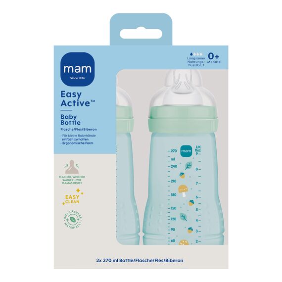 MAM Easy Active Babyflasche | 0+ Monate | Stillfreundliche Milchflasche für Neugeborene | 94% Akzeptanz | Trinkflasche für Babys mit Sauger Gr. 1 | 270 ml | Pilze