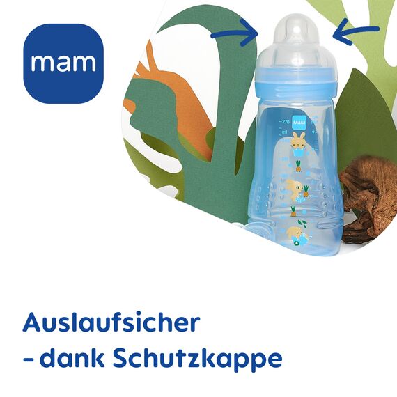 MAM Easy Active Trinkflasche im 2er-Set (270 ml), Baby Trinkflasche inklusive MAM Sauger Größe 1 aus SkinSoft Silikon, Milchflasche mit ergonomischer Form, 0+ Monate, Katze/Schmetterling