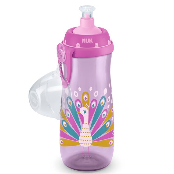 NUK Sports Cup Kinder Trinkflasche mit Chamäleon-Effekt | 24+ Monate | mit Farbwechsel | auslaufsichere Push-Pull-Trinktülle | Clip & Schutzkappe | BPA-frei | 450 ml | Pfau (lila)