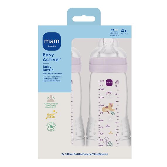 MAM Easy Active Babyflasche | 4+ Monate | Stillfreundliche Milchflasche | Trinkflasche für Babys mit Sauger Größe 2 aus SkinSoft Silikon | 330 ml | Tiger