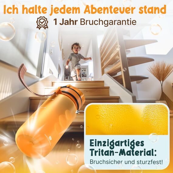 Funkelfuchs® - Trinkflasche für Kinder – 350ml, Orange – Kohlensäure geeignet - 100% auslaufsicher - Wasserflasche spülmaschinenfest - für Kindergarten, Einschulung, Schule, Sport