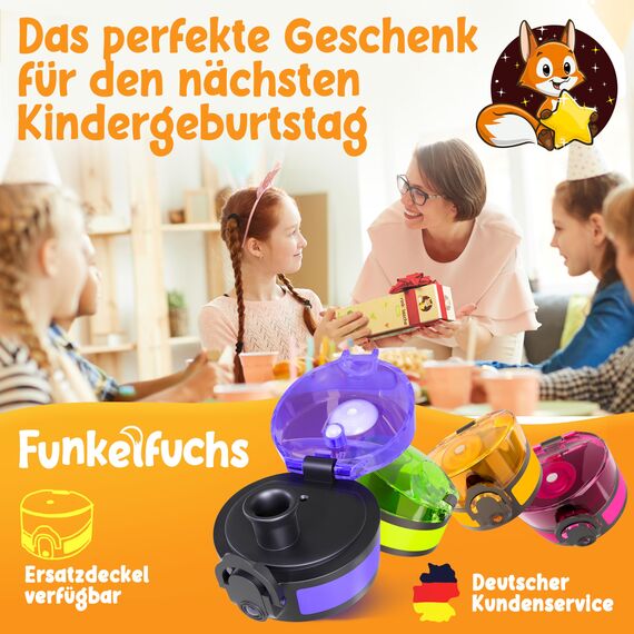 Funkelfuchs Trinkflasche für Kinder – 500ml, Lila – Kohlensäure geeignet - 100% auslaufsicher - Wasserflasche spülmaschinenfest - für Einschulung, Schule, Sport