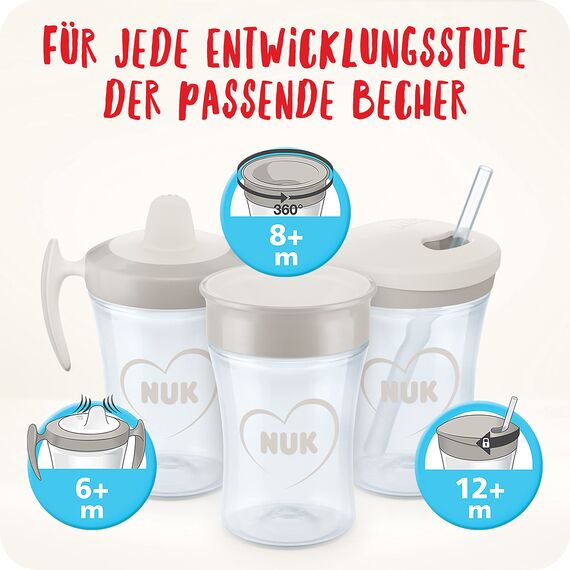 NUK Action Cup Trinkbecher Kinder | 12+ Monate | 230 ml | Drehdeckel mit weichem Strohhalm | auslaufsicher | BPA-frei | gelbe Katze