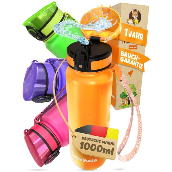 Funkelfuchs® - Trinkflasche für Kinder – 1000ml, Orange – Kohlensäure geeignet - 100% auslaufsicher - Wasserflasche spülmaschinenfest - für Kindergarten, Einschulung, Schule, Sport
