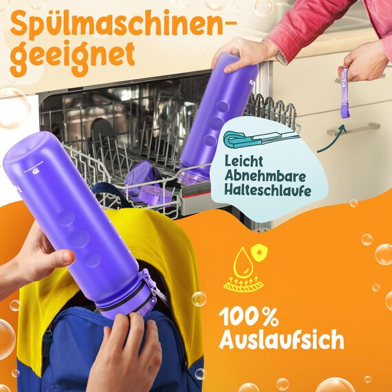 Funkelfuchs® - Trinkflasche für Kinder – 1000ml, Lila – Kohlensäure geeignet - 100% auslaufsicher - Wasserflasche spülmaschinenfest - für Kindergarten, Einschulung, Schule, Sport