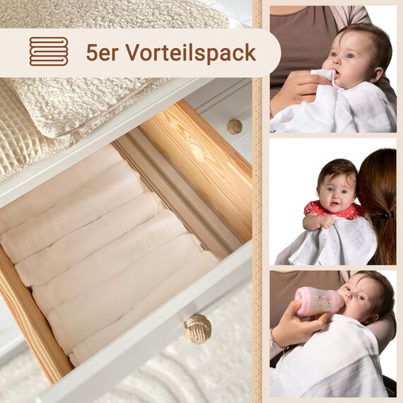 ZOLLNER 5er Set Musselin Spucktücher in 80x80 cm aus Baumwolle - hautfreundliche Mulltücher - besonders weich und extrem saugstark - waschbar bis 95°C - in weiß