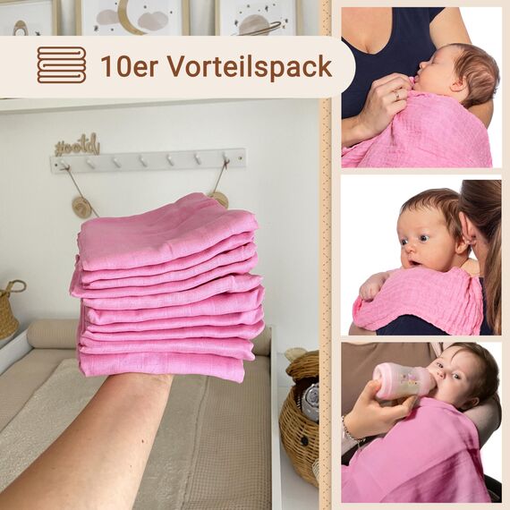 ZOLLNER 10er Set Musselin Spucktücher in 70x70 cm aus Baumwolle - hautfreundliche Mulltücher - besonders weich und extrem saugstark - waschbar bis 60°C - in rosa