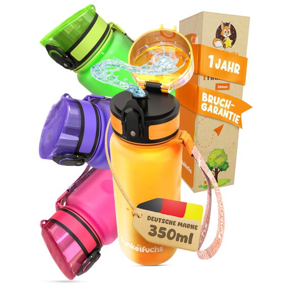 Funkelfuchs® - Trinkflasche für Kinder – 350ml, Orange – Kohlensäure geeignet - 100% auslaufsicher - Wasserflasche spülmaschinenfest - für Kindergarten, Einschulung, Schule, Sport