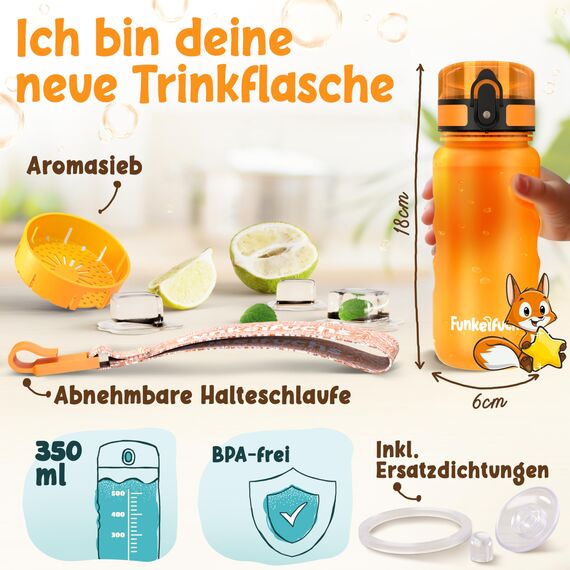 Funkelfuchs® - Trinkflasche für Kinder – 350ml, Orange – Kohlensäure geeignet - 100% auslaufsicher - Wasserflasche spülmaschinenfest - für Kindergarten, Einschulung, Schule, Sport