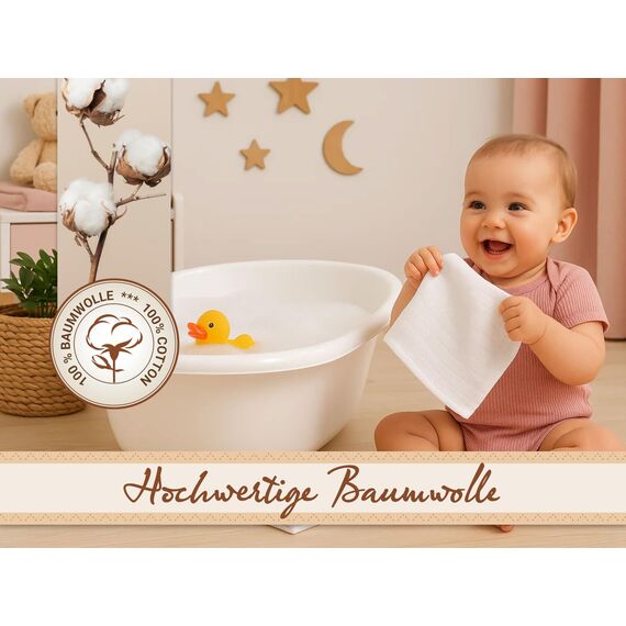 ZOLLNER 10er Set Waschlappen für Babys - in 17x22 cm aus Baumwolle - hautfreundliche Waschhandschuhe - besonders weich und hautsympathisch - waschbar bis 95°C - in weiß