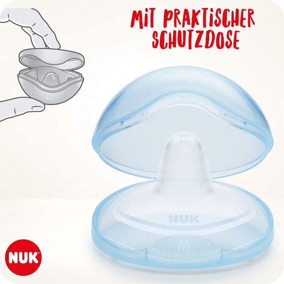 NUK Stillhütchen | Brusthütchen zum Stillen | schützt vor wunden Brustwarzen | dünnes Silikon | Größe M (20mm) | inklusiv Schutzdose | 2 Stück (Packung mit 2)