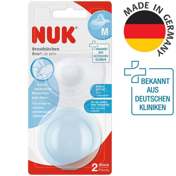 NUK Stillhütchen | Brusthütchen zum Stillen | schützt vor wunden Brustwarzen | dünnes Silikon | Größe M (20mm) | inklusiv Schutzdose | 2 Stück (Packung mit 2)