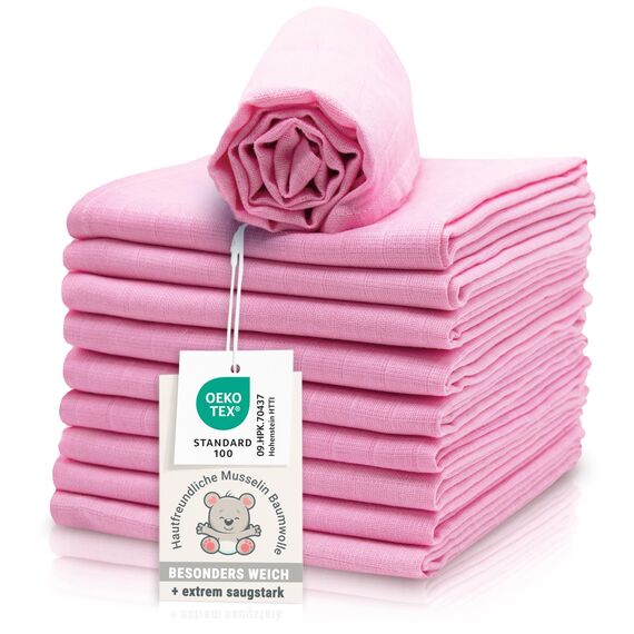ZOLLNER 10er Set Musselin Spucktücher in 70x70 cm aus Baumwolle - hautfreundliche Mulltücher - besonders weich und extrem saugstark - waschbar bis 60°C - in rosa