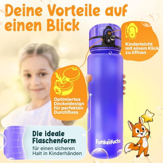 Funkelfuchs® - Trinkflasche für Kinder – 1000ml, Lila – Kohlensäure geeignet - 100% auslaufsicher - Wasserflasche spülmaschinenfest - für Kindergarten, Einschulung, Schule, Sport