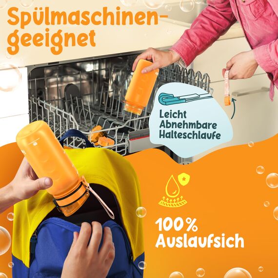 Funkelfuchs® - Trinkflasche für Kinder – 350ml, Orange – Kohlensäure geeignet - 100% auslaufsicher - Wasserflasche spülmaschinenfest - für Kindergarten, Einschulung, Schule, Sport