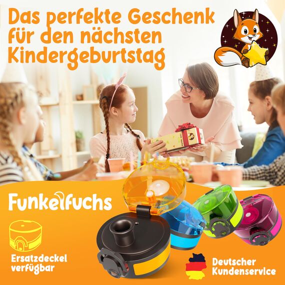 Funkelfuchs® - Trinkflasche für Kinder – 500ml, Orange – Kohlensäure geeignet - 100% auslaufsicher – Wasserflasche spülmaschinenfest - für Kindergarten, Einschulung, Schule, Sport