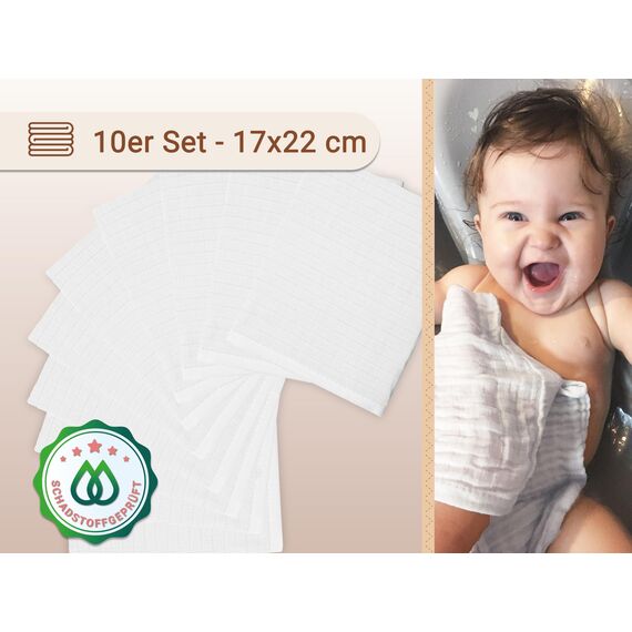 ZOLLNER 10er Set Waschlappen für Babys - in 17x22 cm aus Baumwolle - hautfreundliche Waschhandschuhe - besonders weich und hautsympathisch - waschbar bis 95°C - in weiß