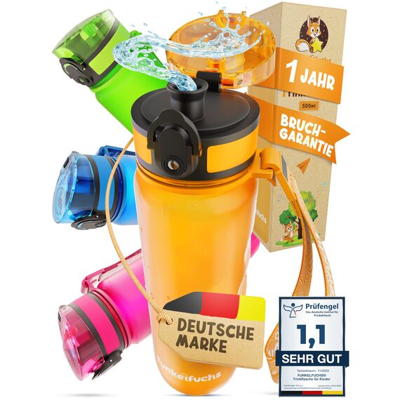 Funkelfuchs® - Trinkflasche für Kinder – 500ml, Orange – Kohlensäure geeignet - 100% auslaufsicher – Wasserflasche spülmaschinenfest - für Kindergarten, Einschulung, Schule, Sport