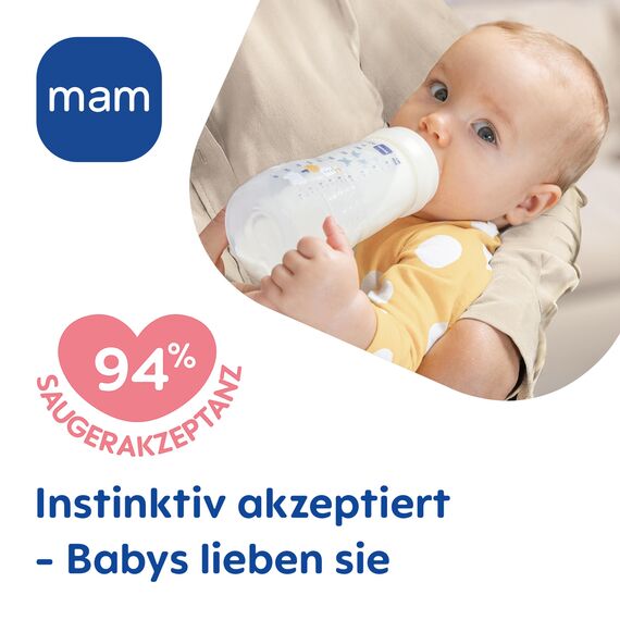 MAM Easy Active Babyflasche | 4+ Monate | Stillfreundliche Milchflasche | Trinkflasche für Babys mit Sauger Größe 2 aus SkinSoft Silikon | 330 ml | Elefant