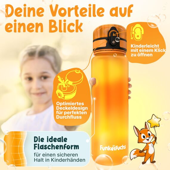 Funkelfuchs® - Trinkflasche für Kinder – 1000ml, Orange – Kohlensäure geeignet - 100% auslaufsicher - Wasserflasche spülmaschinenfest - für Kindergarten, Einschulung, Schule, Sport