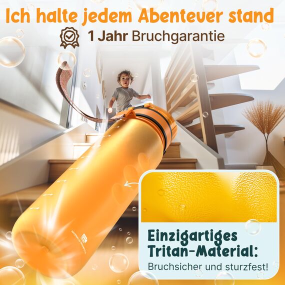 Funkelfuchs® - Trinkflasche für Kinder – 1000ml, Orange – Kohlensäure geeignet - 100% auslaufsicher - Wasserflasche spülmaschinenfest - für Kindergarten, Einschulung, Schule, Sport