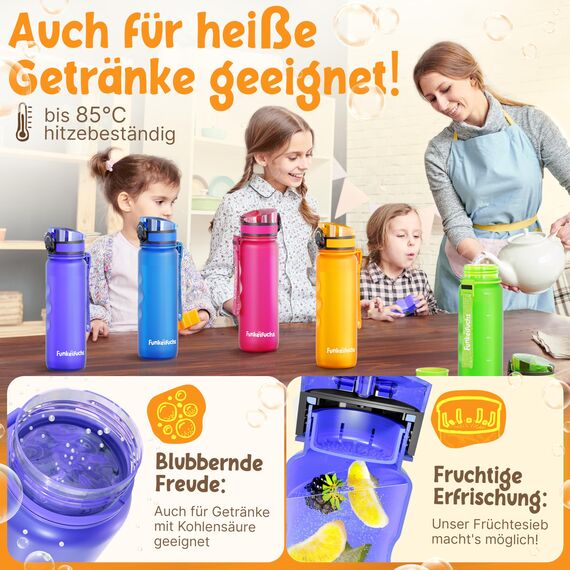Funkelfuchs® - Trinkflasche für Kinder – 1000ml, Lila – Kohlensäure geeignet - 100% auslaufsicher - Wasserflasche spülmaschinenfest - für Kindergarten, Einschulung, Schule, Sport