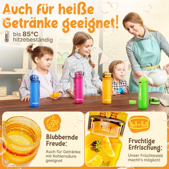 Funkelfuchs® - Trinkflasche für Kinder – 500ml, Orange – Kohlensäure geeignet - 100% auslaufsicher – Wasserflasche spülmaschinenfest - für Kindergarten, Einschulung, Schule, Sport