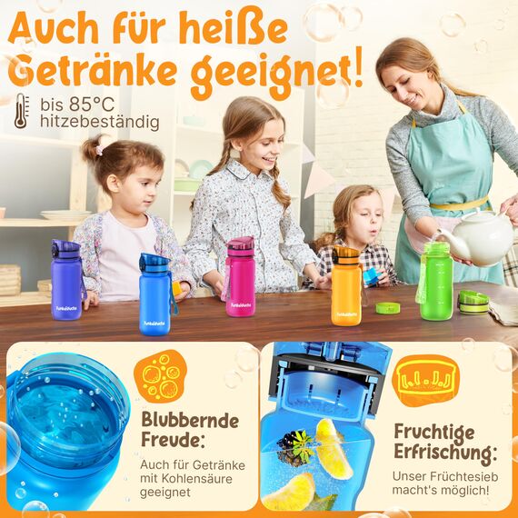 Funkelfuchs® - Trinkflasche für Kinder – 350ml, Blau – Kohlensäure geeignet - 100% auslaufsicher - Wasserflasche spülmaschinenfest - für Kindergarten, Einschulung, Schule, Sport