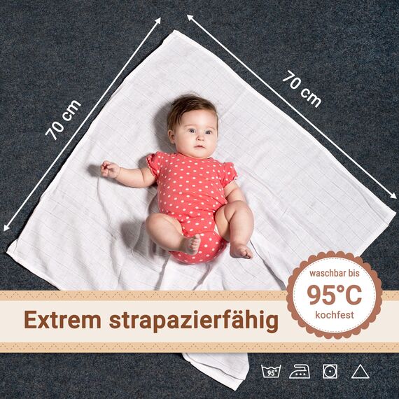ZOLLNER 20er Set Musselin Spucktücher in 70x70 cm aus Baumwolle - hautfreundliche Mulltücher - besonders weich und extrem saugstark - waschbar bis 95°C - in weiß