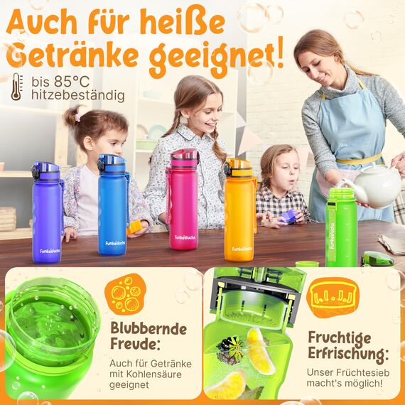 Funkelfuchs® - Trinkflasche für Kinder – 1000ml, Grün – Kohlensäure geeignet - 100% auslaufsicher - Wasserflasche spülmaschinenfest - für Kindergarten, Einschulung, Schule, Sport