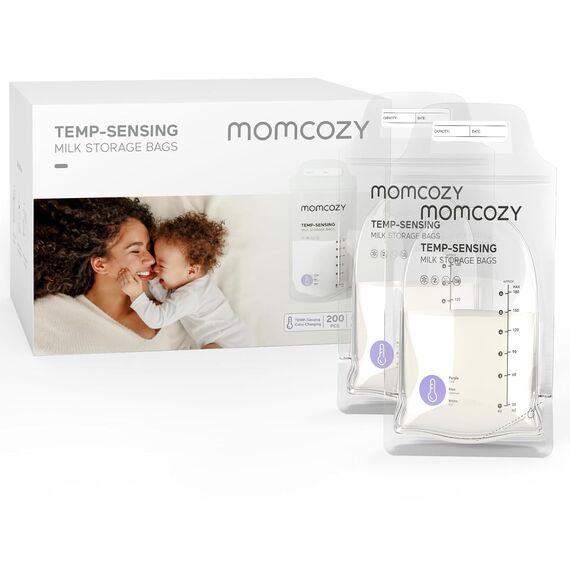 Momcozy Muttermilch-Aufbewahrungsbeutel, 200 Stück, Vorteilspack, Temp-Sensing Verfärbung, Milchaufbewahrungsbeutel zum Stillen, vorsterilisiert, hygienisch doppelt versiegelt, zum Einfrieren, 180 ml