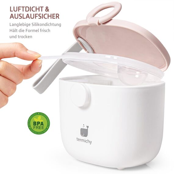 Milchpulver Portionierer baby, Termichy Milchpulver-Spender, 250g luftdichter tragbarer Milchpulver-Behälter für Reisen, mit Schaber und Löffel (Rosa und weiß,1 Stück)
