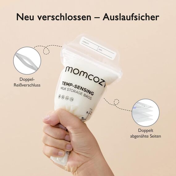 Momcozy Muttermilch-Aufbewahrungsbeutel, 200 Stück, Vorteilspack, Temp-Sensing Verfärbung, Milchaufbewahrungsbeutel zum Stillen, vorsterilisiert, hygienisch doppelt versiegelt, zum Einfrieren, 180 ml