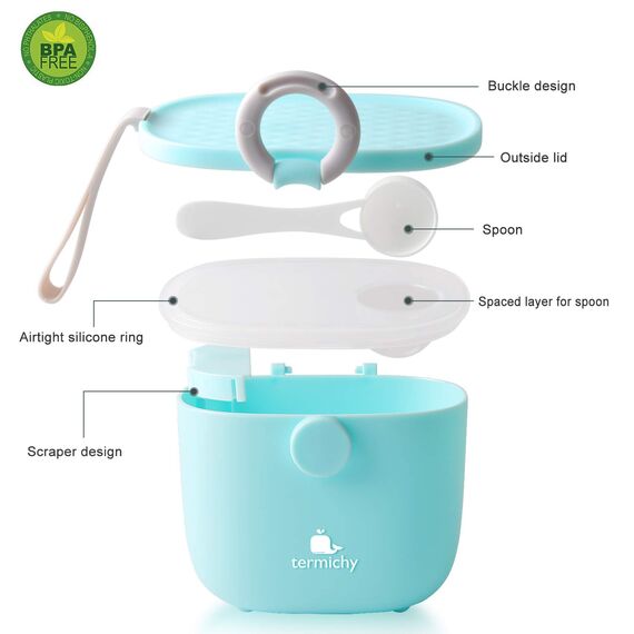 Milchpulver Portionierer, Termichy Milchpulver-Spender, 250g luftdichter tragbarer Milchpulver-Behälter für Reisen, mit Schaber und Löffel (Blau,1 Stück)