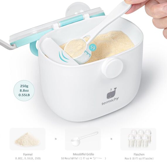 Termichy Milchpulver Portionierer, Milchpulver-Spender, 250g luftdichter tragbarer Milchpulver-Behälter für Reisen, mit Schaber und Löffel(Baby Blau,1 Stück)
