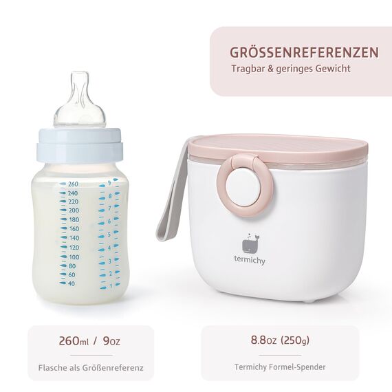 Milchpulver Portionierer baby, Termichy Milchpulver-Spender, 250g luftdichter tragbarer Milchpulver-Behälter für Reisen, mit Schaber und Löffel (Rosa und weiß,1 Stück)