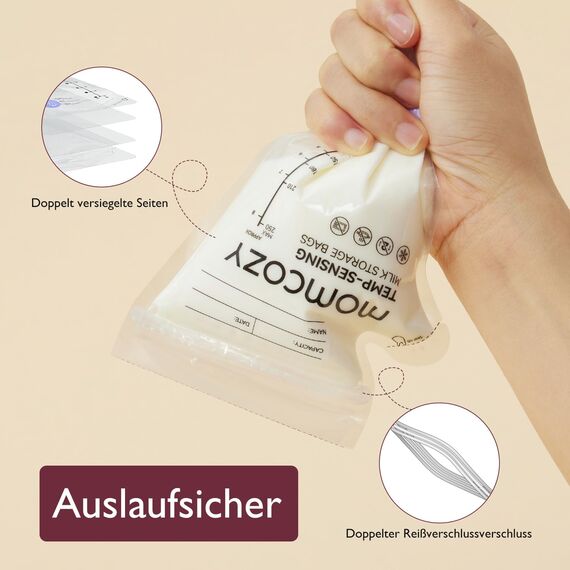 Momcozy Easy Pour Muttermilchbeutel mit Temperatur-Farbwechselanzeige, Ausgießer – Milchbeutel für Muttermilch 250 ml, breast milk storage bags, selbststehend, auslaufsicher, BPA-frei - 120 Stück