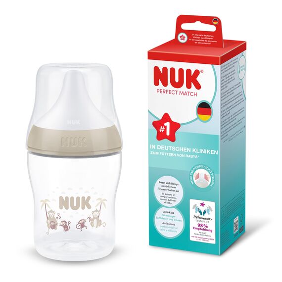 NUK Perfect Match Babyflasche | 0+ Monate | 150 ml | Anti-Kolik-Babyflasche | PP | Temperature Control Anzeige | Affe | 1 Stück