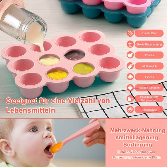 Aufbewahrung von Babynahrung aus Silikon, 12 x 45ml Babynahrung Einfrieren Behälte aus mit Silikon Deckel,BPA-frei,Perfekt für Hausgemachte Babynahrung, Gemüse, Eiswürfeln,Fruchtpüree und Muttermilch