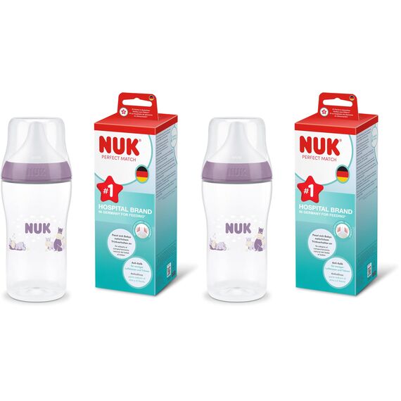 NUK Perfect Match Babyflasche | 3+ Monate | 260 ml | Anti-Kolik-Babyflasche | PP | Temperature Control Anzeige | Nilpferd | 1 Stück (Packung mit 2)