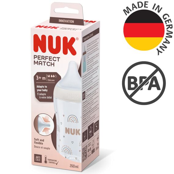 NUK Perfect Match Babyflasche | Ab 3 Monate | Passt sich dem Baby an | Temperature Control | Anti-Colic | 260 ml | BPA-frei | Silikontrinksauger, Medium | Regenbogen