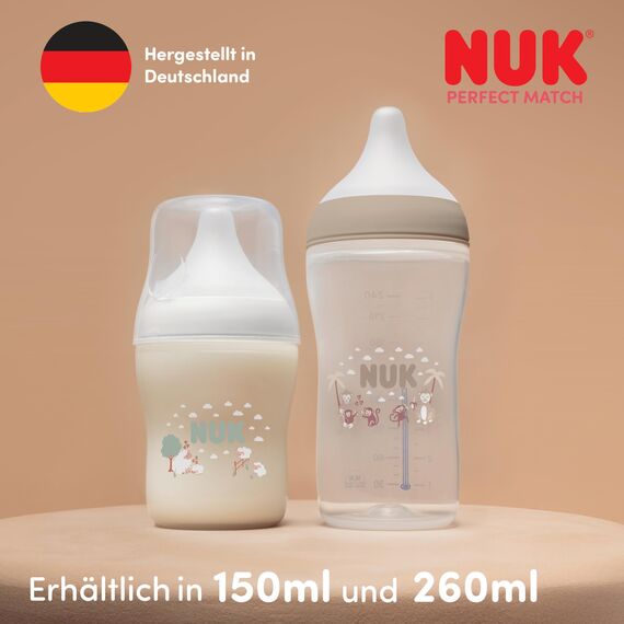 NUK Perfect Match Babyflasche | 3+ Monate | 260 ml | Anti-Kolik-Babyflasche | PP | Temperature Control Anzeige | Nilpferd | 1 Stück (Packung mit 2)