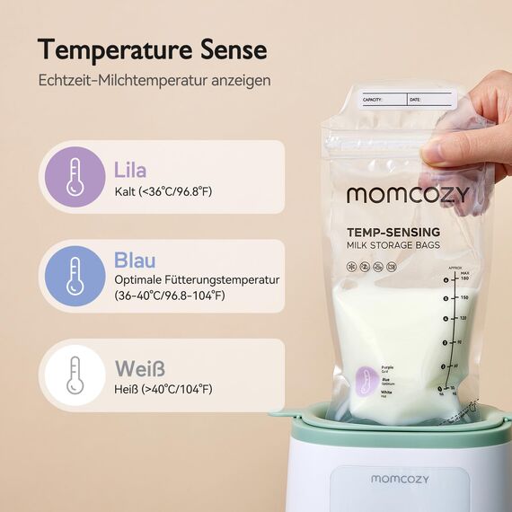 Momcozy Muttermilch-Aufbewahrungsbeutel, 200 Stück, Vorteilspack, Temp-Sensing Verfärbung, Milchaufbewahrungsbeutel zum Stillen, vorsterilisiert, hygienisch doppelt versiegelt, zum Einfrieren, 180 ml