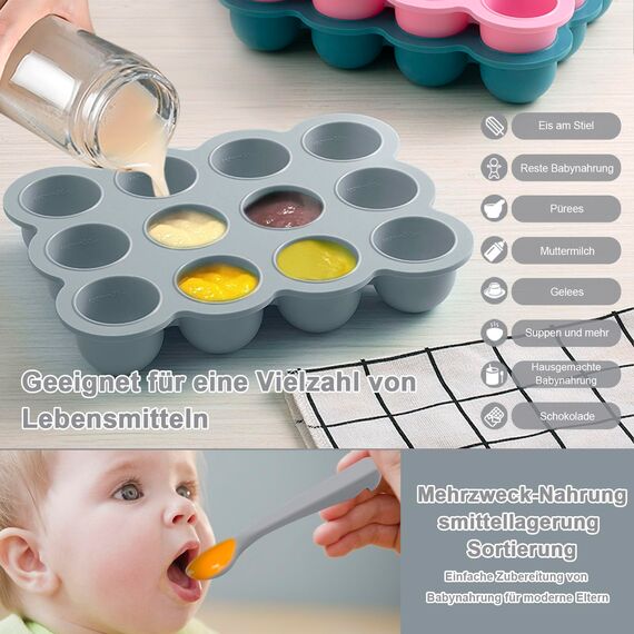 Aufbewahrung von Babynahrung aus Silikon, 12 x 45ml Babynahrung Einfrieren Behälte aus mit Silikon Deckel,BPA-frei,Perfekt für Hausgemachte Babynahrung, Gemüse, Eiswürfeln,Fruchtpüree und Muttermilch
