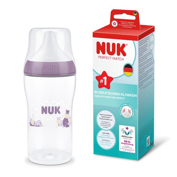 NUK Perfect Match Babyflasche | 3+ Monate | 260 ml | Anti-Kolik-Babyflasche | PP | Temperature Control Anzeige | Nilpferd | 1 Stück