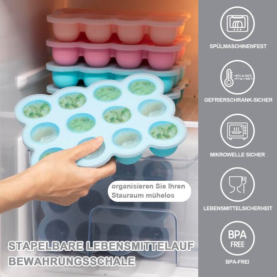 Aufbewahrung von Babynahrung aus Silikon, 12 x 45ml Babynahrung Einfrieren Behälte aus mit Silikon Deckel,BPA-frei,Perfekt für Hausgemachte Babynahrung, Gemüse, Eiswürfeln,Fruchtpüree und Muttermilch