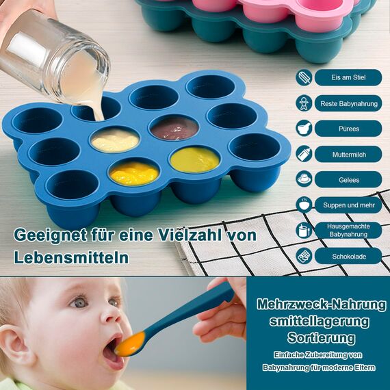 Aufbewahrung von Babynahrung aus Silikon, 12 x 45ml Babynahrung Einfrieren Behälte aus mit Silikon Deckel,BPA-frei,Perfekt für Hausgemachte Babynahrung, Gemüse, Eiswürfeln,Fruchtpüree und Muttermilch